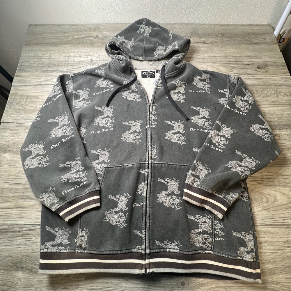 Paco Jeans Full Zip Hoodie Men 3X Black Dragon All Over Print Vintage Y2K Skater